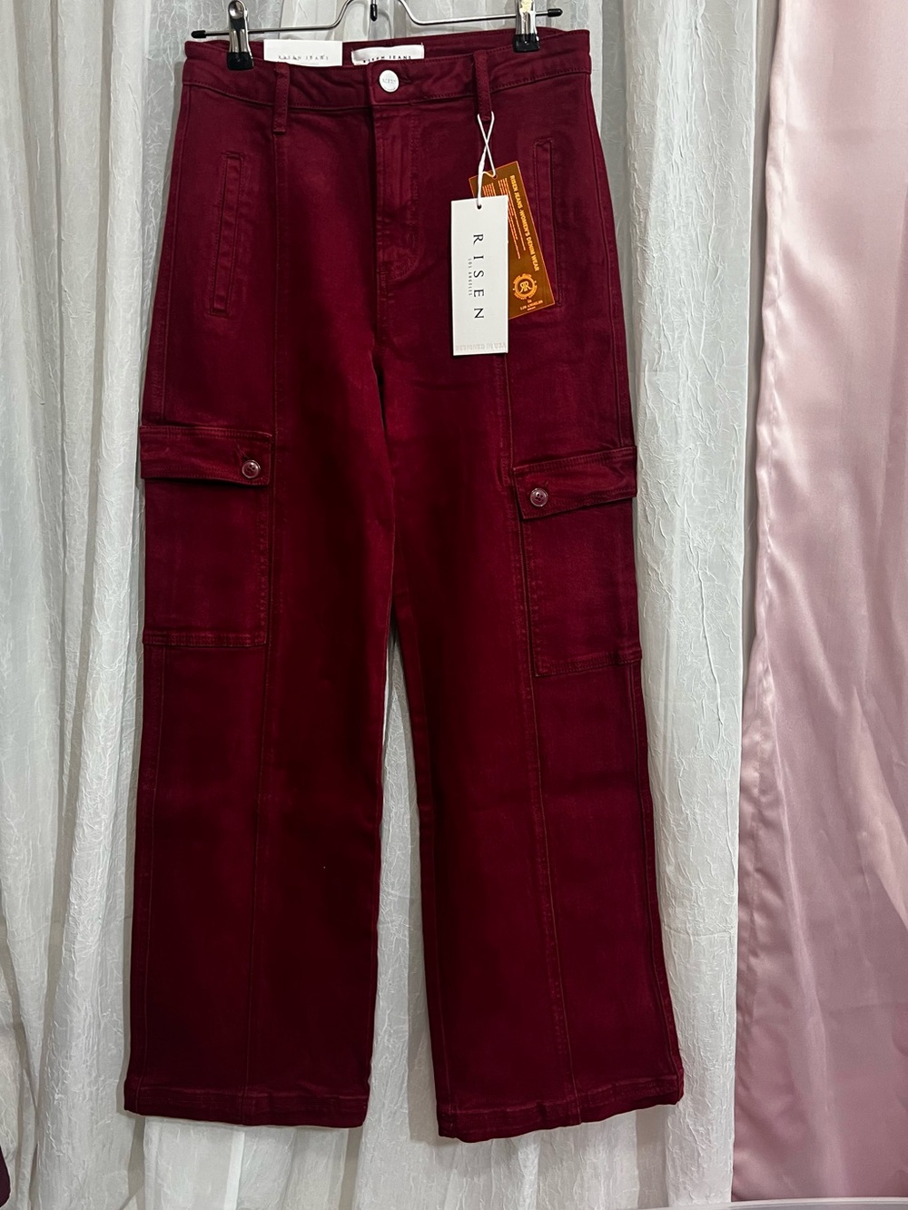 Risen Wide-Leg Cargo Pants in Deep Wine Red